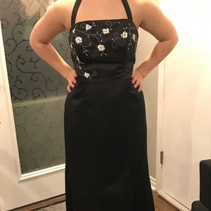 Black formal dress with white and silver beading